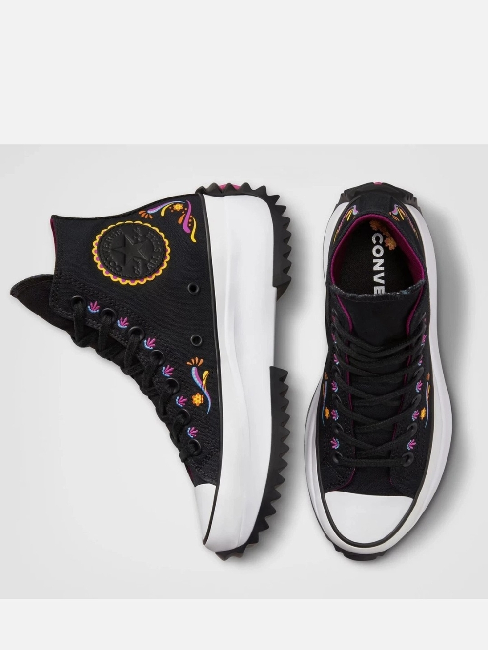 Black High-Top Platform Sneakers with Colorful Embroidery - Picture 2 of 7